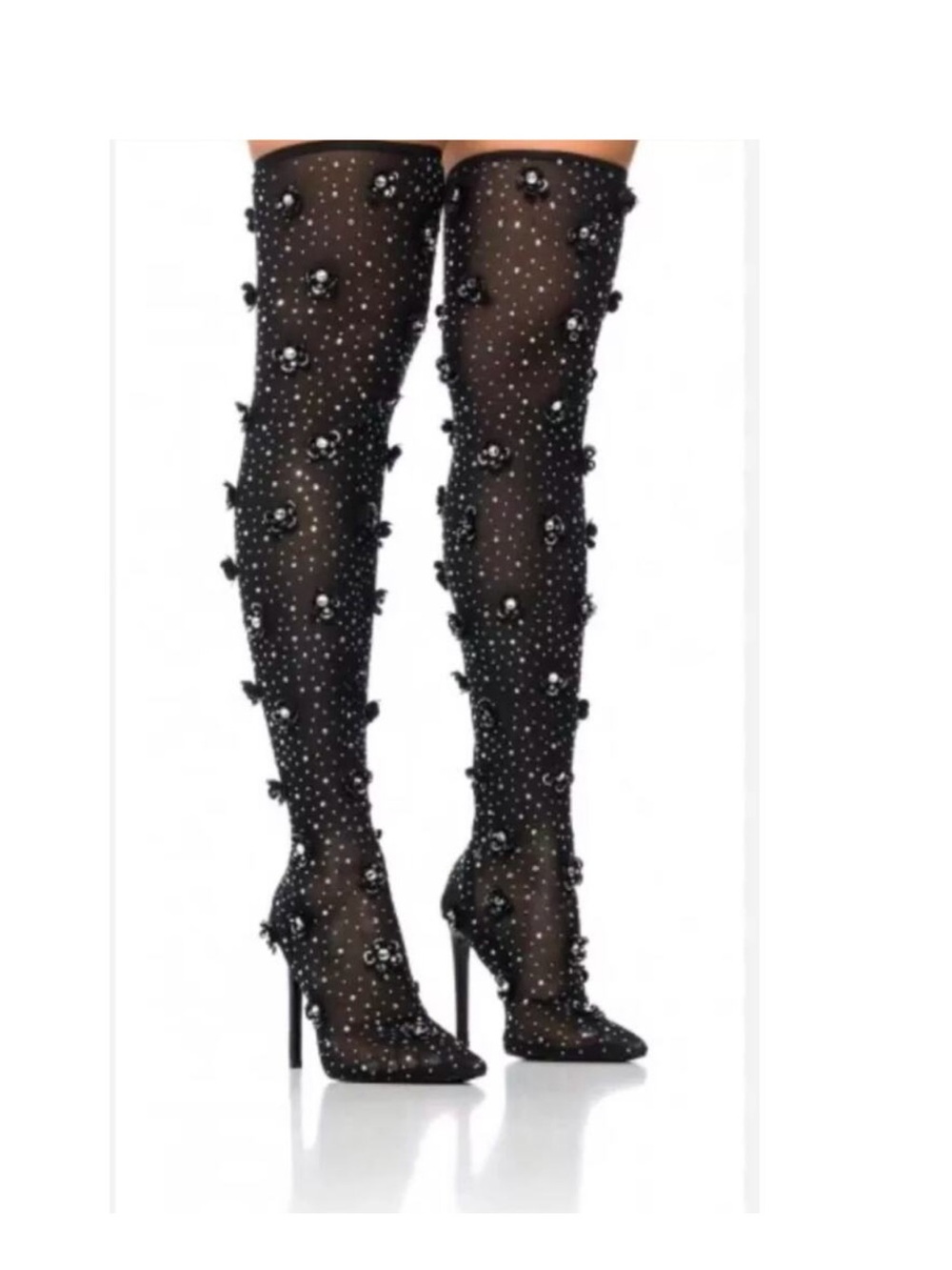 Azalea Wang Marlowe Black Embellished Flower Stiletto Boot 8 Mesh Rhinestone